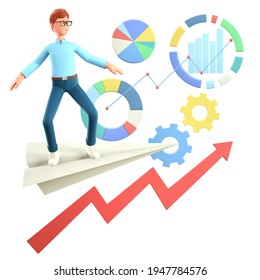 3D Illustration Of Smiling Man, Successful Investor Flying On A Huge Paper Airplane Among Business Icons, Charts, Diagrams, Infographic And Rising Arrow. Cartoon Businessman Reaching Financial Goals.