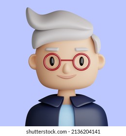 3D illustration of smiling mature man. Cartoon close up portrait of standing gray hair man on a blue background. 3D Avatar for ui ux.