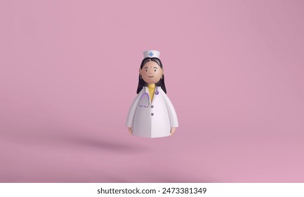 3D illustration of a smiling nurse or doctor character with a stethoscope, set against a pink background, representing healthcare and nursing. - Powered by Shutterstock