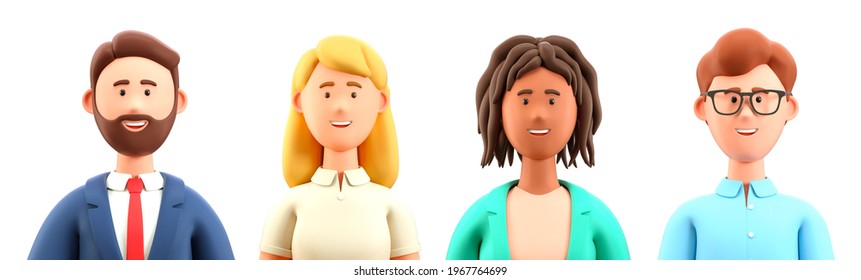 Ilustración 3D de gente sonriente cierra retratos. Pequeños avatares de hombres y mujeres que trabajan en caricaturas, personajes multiétnicos masculinos y femeninos, aislados en un fondo blanco.