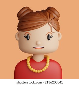 3D illustration of smiling  pretty woman. Cartoon close up portrait of standing caucasian woman on a yellow background. 3D Avatar for ui ux.