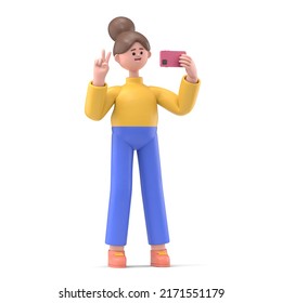 3D Illustration Of Smiling Woman Angela In Headphones Make Video Call Or Selfie By Smartphone And Show Victory Sign. 3D Rendering On White Background.
