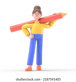 3D illustration of smiling woman Angela holding a big pencil. Cute cartoon writing with a huge pen.
 - Powered by Shutterstock