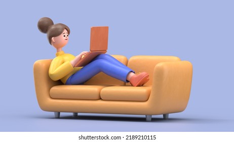 3D Illustration Of Smiling Woman Angela Lying On The Orange Couch At Blue Studio And Work On Laptop. Work At Home Concept. 
