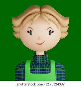 3D Illustration Of Smiling Woman. Cartoon Close Up Portrait Of Smiling Pretty Blonde Woman On A Green Background. 3D Avatar For Ui Ux.