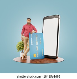 3d illustration of a smiling young african man with credit card at his home. Payment online concept. Smartphone application