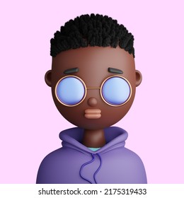 3D Illustration Of Smiling  Young Black Man. Cartoon Close Up Portrait Of Smiling  Black Man  With Curly Hair And Sunglasses On A Pink  Background. 3D Avatar For Ui Ux.