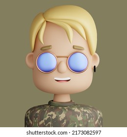 3D Illustration Of Smiling  Young Man. Cartoon Close Up Portrait Of Smiling  Blonde Man  With Sunglasses On A Green  Background. 3D Avatar For Ui Ux.