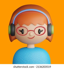 3D illustration of smiling young red haired woman. Cartoon close up portrait of standing young woman with headphones on a yellow background. 3D Avatar for ui ux.