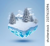 3d illustration of snowy island advertisement. snow with mountains isolated. Travel and vacation background. 