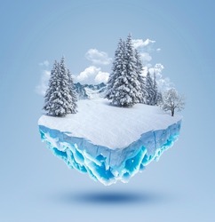 3d Illustration Of Snowy Island Advertisement. Snow With Mountains Isolated. Travel And Vacation Background. 