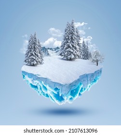 3d illustration snowy island advertisement  snow and mountains isolated  Travel   vacation background  