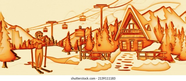 3D Illustration Of A Snowy Mountain With Chairlifts, A Hut And An Ice Skater In 3D Perspective View. Sculpted And Shaded In Orange Tones With An Off-white Backdrop By Adding Shadows And Highlights.