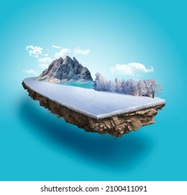 3d illustration of snowy road advertisement. snow road with mountains isolated. Travel and vacation background. 