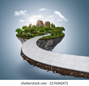 3d Illustration Of Snowy Road With Beautiful Landscape Isolated. Winter Travel And Vacation Road Advertisement. Bending Road And Highway Ads.