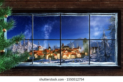 3d Illustration Of Snowy Winter Christmas Scene Of Small Village At Dawn. Cozy Town Seen Through Wooden Cabin Window Frame With Christmas Tree.