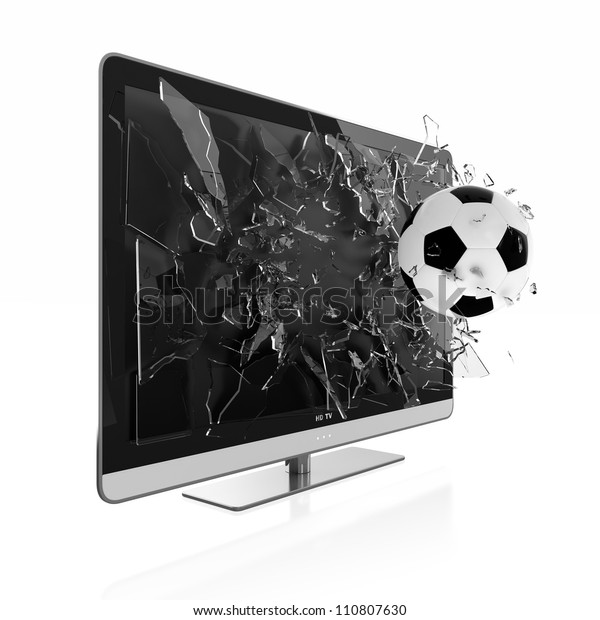 テレビ画面を壊すサッカーボールの3dイラスト 立体テレビ のイラスト素材