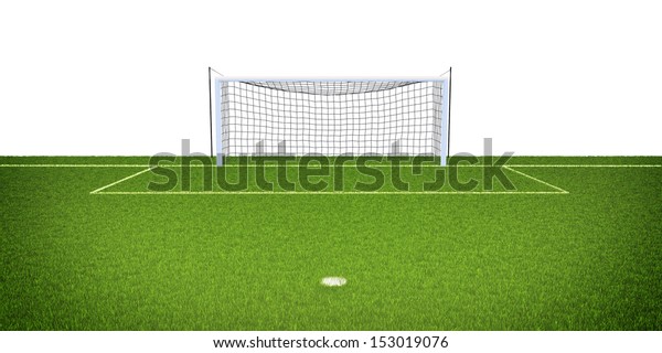 3d illustration of soccer field with goals on\
blue background isolated on\
white