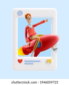 3d Illustration. Social Media Concept. Nerd Larry Is Flying On A Rocket.