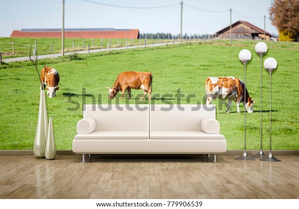 3D illustration of a sofa in front of a photo wall mural cows