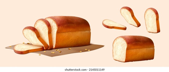 3D Illustration Of Soft White Bread Being Sliced To Piece And Left A Loaf Of Bread And Decorated With Scattered Wheat Grains