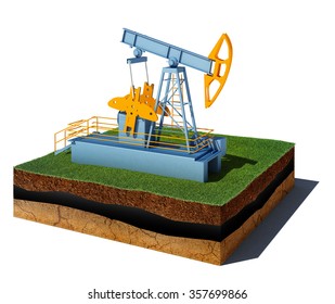 3d Illustration Of Soil Cutaway. Aerial View Dirt Cube With Pump Jack  Isolated On White Background