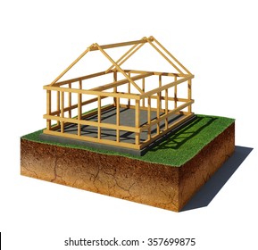 3d Illustration Of Soil Cutaway. Aerial View Dirt Cube With Wooden Construction Isolated On White Background