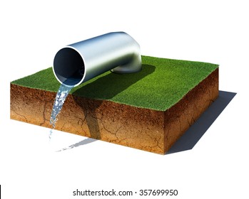 3d Illustration Of Soil Cutaway. Aerial View Dirt Cube With Water Pipe Isolated On White Background