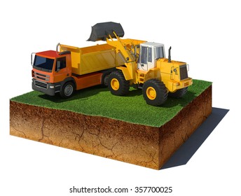 3d Illustration Of Soil Cutaway. Aerial View Dirt Cube With Truck Loading Isolated On White Background