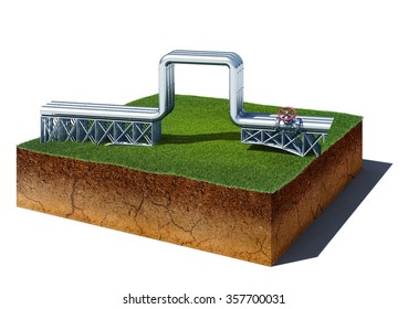 3d Illustration Of Soil Cutaway. Aerial View Dirt Cube With Gas Pipeline Isolated On White Background