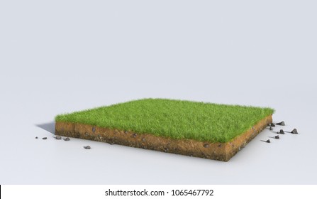 3D Illustration Soil Ground Cross Section With Earth Land And Green Grass, Realistic 3D Rendering Cutaway Terrain Floor With Rock Isolated