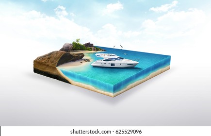 3d illustration of a soil slice, Yacht on the beach, ocean traveling isolated on white background