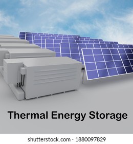 3D Illustration Of Solar Panels With Electric Storage Units, Along With The Script Thermal Energy Storage Beneath It.