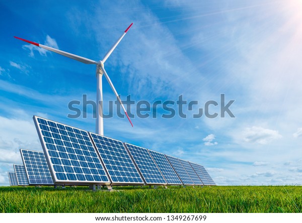 3dイラスト 純青の空と緑の草の背景にソーラーパネルと風力車 再生可能エネルギー技術は 私たちの地球を汚染や死から救う のイラスト素材