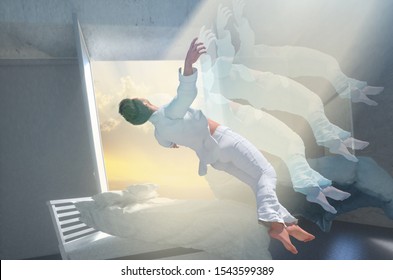 3D Illustration Of Soul Leaving The Body Upon Death And Ascends To Heaven. Afterlife, Meditation And Dream Concept