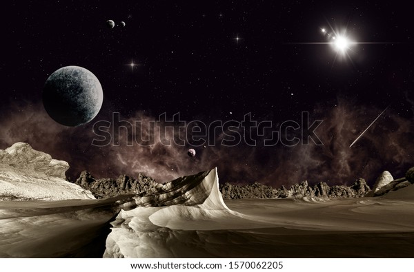 3d\
illustration. space alien planet view from\
surface
