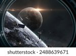 3D illustration of Space debris, junk and satellites in orbit planet Earth. High quality digital space art in 5K - ultra realistic visualization.