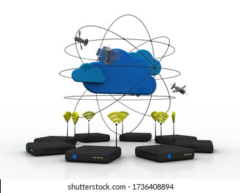 3d Illustration Space Satellite Orbit With Cloud Around Wifi Modem