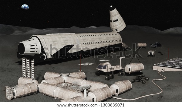 3D Illustration of a Space Ship on the\
surface of the Moon. Landing. Futuristic city, base, town on moon.\
Elements of this image furnished by\
NASA