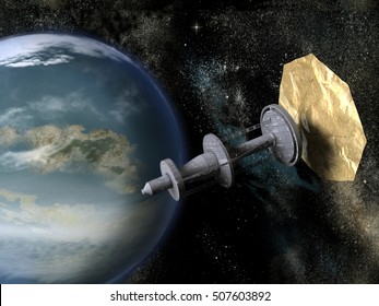 3d Illustration Of A Spacecraft With Solar Sail Near A Planet