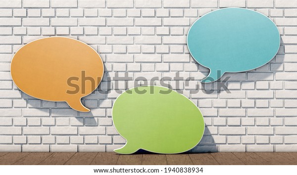 3D illustration, Speech bubbles\
and brick wall, participation, diversity of opinion ...\
