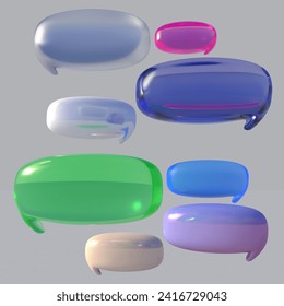 3D illustration of speech bubbles in different colours and textures. Clear, shiny and matte glass objects. Concept for communication, relationship, conversation, therapy, counselling, customer service