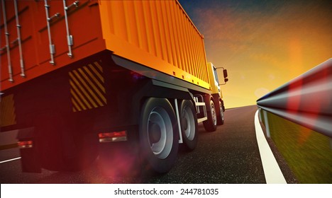 3d Illustration Of Speeding Transportation Semi Truck With Container Driving On Highway Road On Sunset