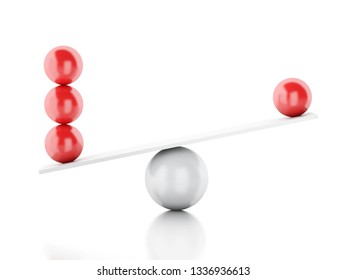 3d illustration. Spheres balancing on a seesaw. balance concept on white background.