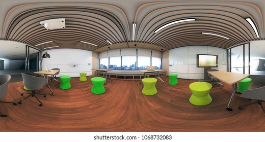 3d illustration spherical 360 degrees, a panorama of the room and interior design. Modern studio office (3D rendering)