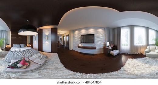 3d illustration spherical 360 degrees, seamless panorama of bedroom interior design. The bedroom is made in grey and brown tones in a classic style