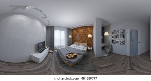 3d illustration spherical 360 degrees, seamless panorama of bedroom interior design. The design of the bedroom is in the Scandinavian style