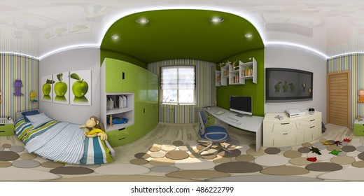 3d illustration spherical 360 degrees, seamless panorama of children's room interior design. Design a child's room is in green and blue tones