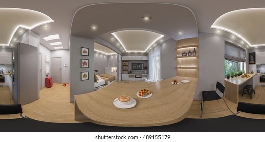 3d illustration spherical 360 degrees, seamless panorama of  living room interior design. Modern studio apartment in the Scandinavian minimalist style