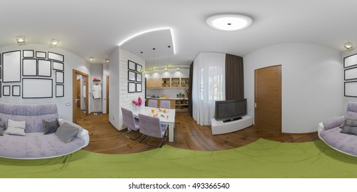 3d illustration spherical 360 degrees, seamless panorama of  living room and kitchen interior design. Modern studio apartment in the Scandinavian minimalist style